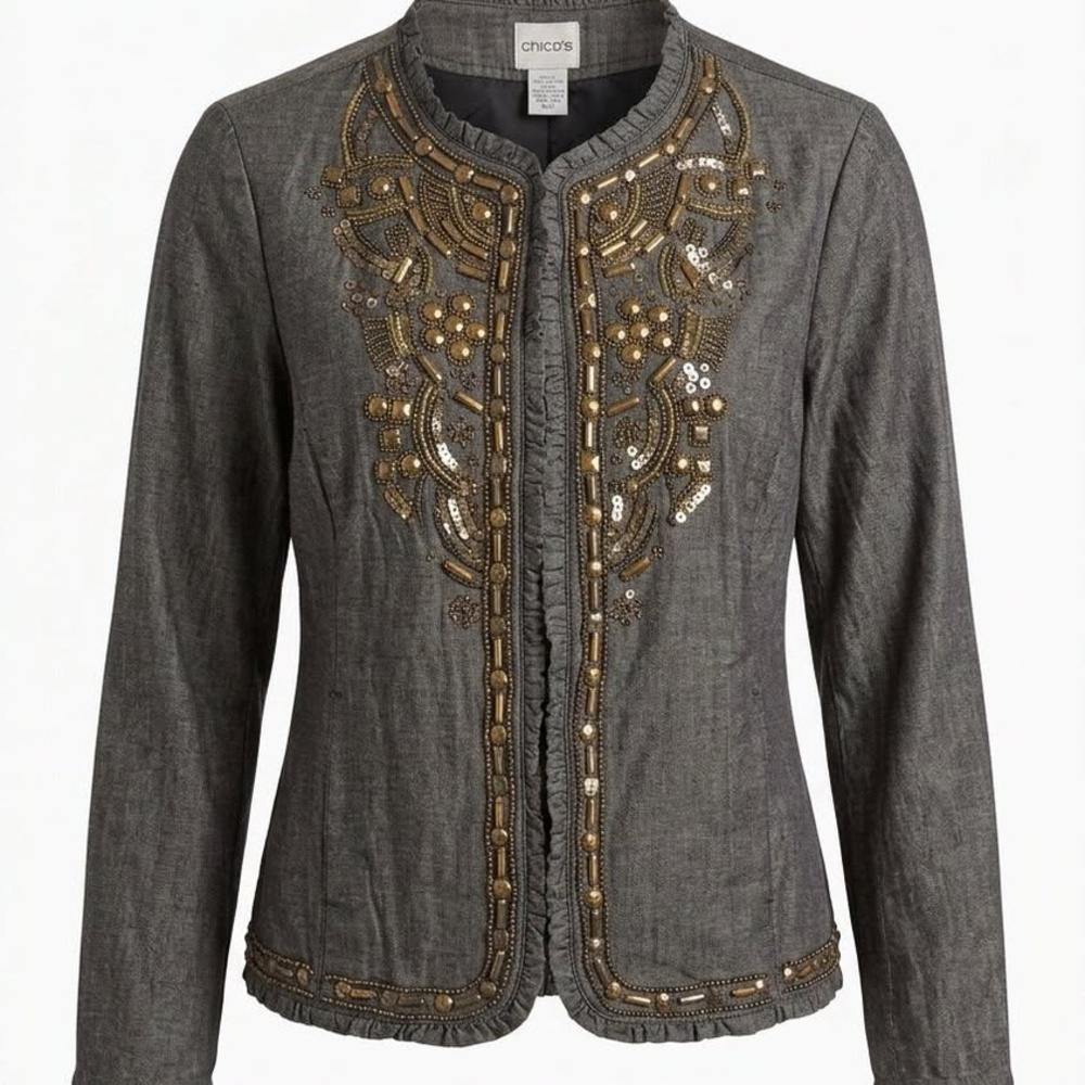 Cotton/polyester jacket, NEW with tags, Chico's Golden Trinket Royalty, Size 1